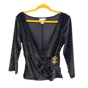 Jackie Jon NY Gold Speckled Surplice Neck Long Sleeve Top Medium